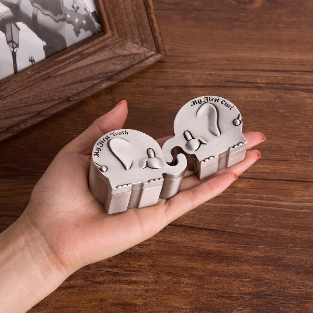 Feyarl First Curl and First Tooth Keepsake Box for Kids Metallic Engraved Elephant Shape (2.4 X 1.6 X 1.2 Inches) image number 2