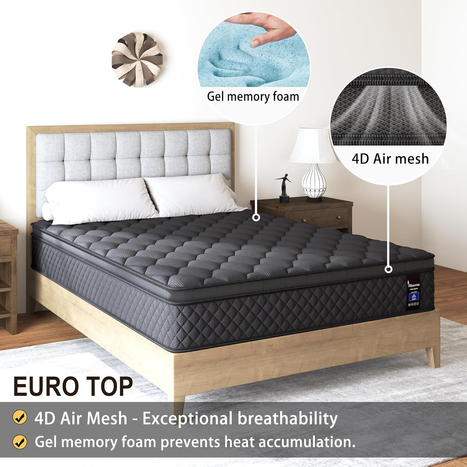Double Hybrid Mattress Euro Top Medium Firm for Back & Lumbar Support, Individual Pocket Spring Mattresses for Motion Isolation & Pressure Relief image number 4