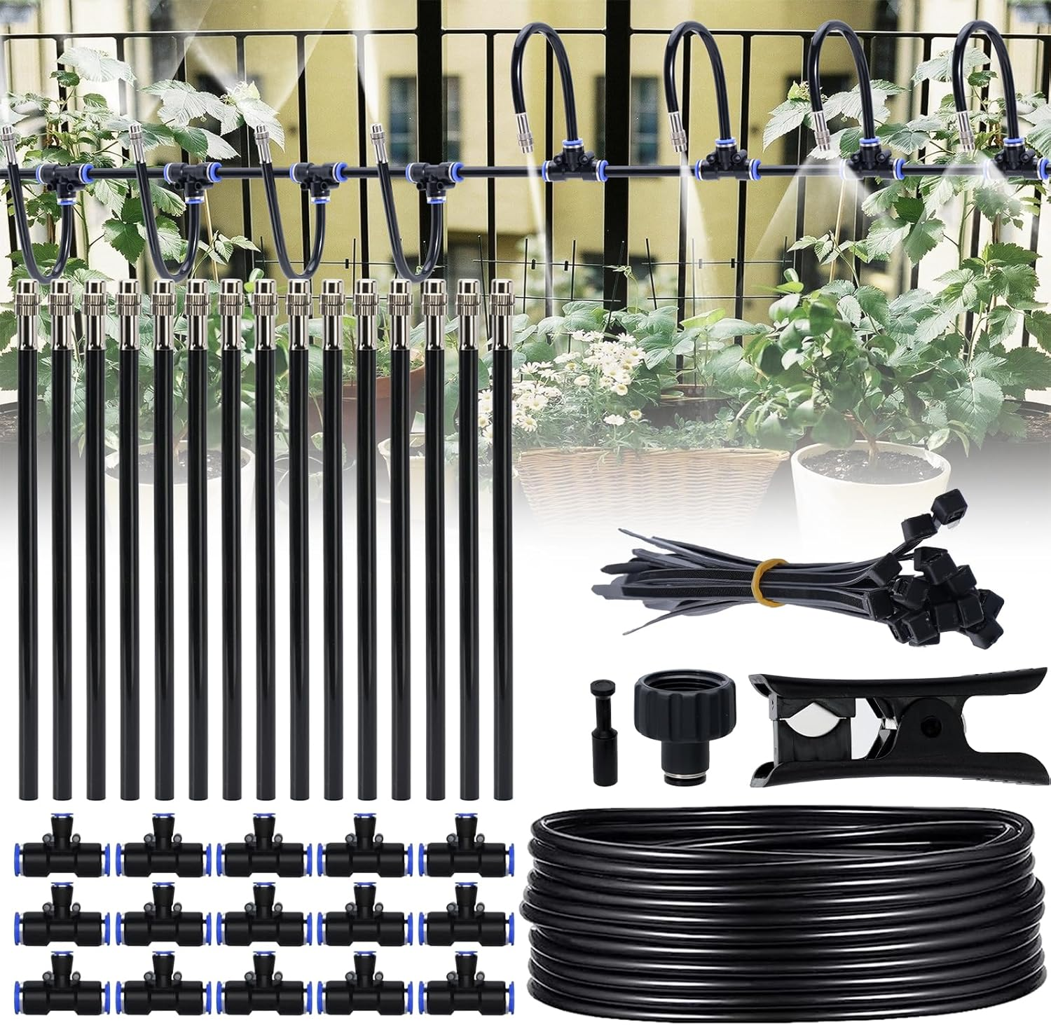 Drip Irrigation Kit, Garden Sprinkler, 49Ft Drip Hose + 15 360&deg; Bendable Brass Spray Nozzles + 1 3/4" Adapter, Irrigation System for Farm Lawn Irrigation, Patio Garden Greenhouse image number 4