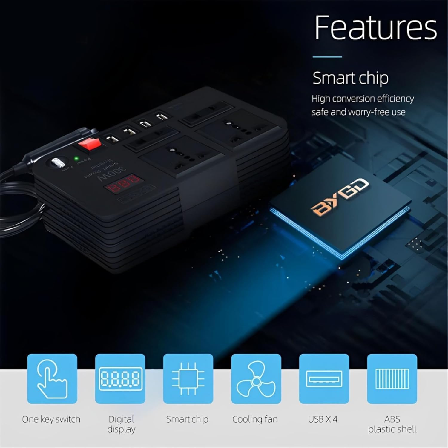 300W Car Power Inverter, DC 12V to 220V AC Converter with LED Display, 4 USB Ports, 4 Charger Outlets, Pure Sine Wave - Portable Charger for Cars, Trucks, Rvs image number 2