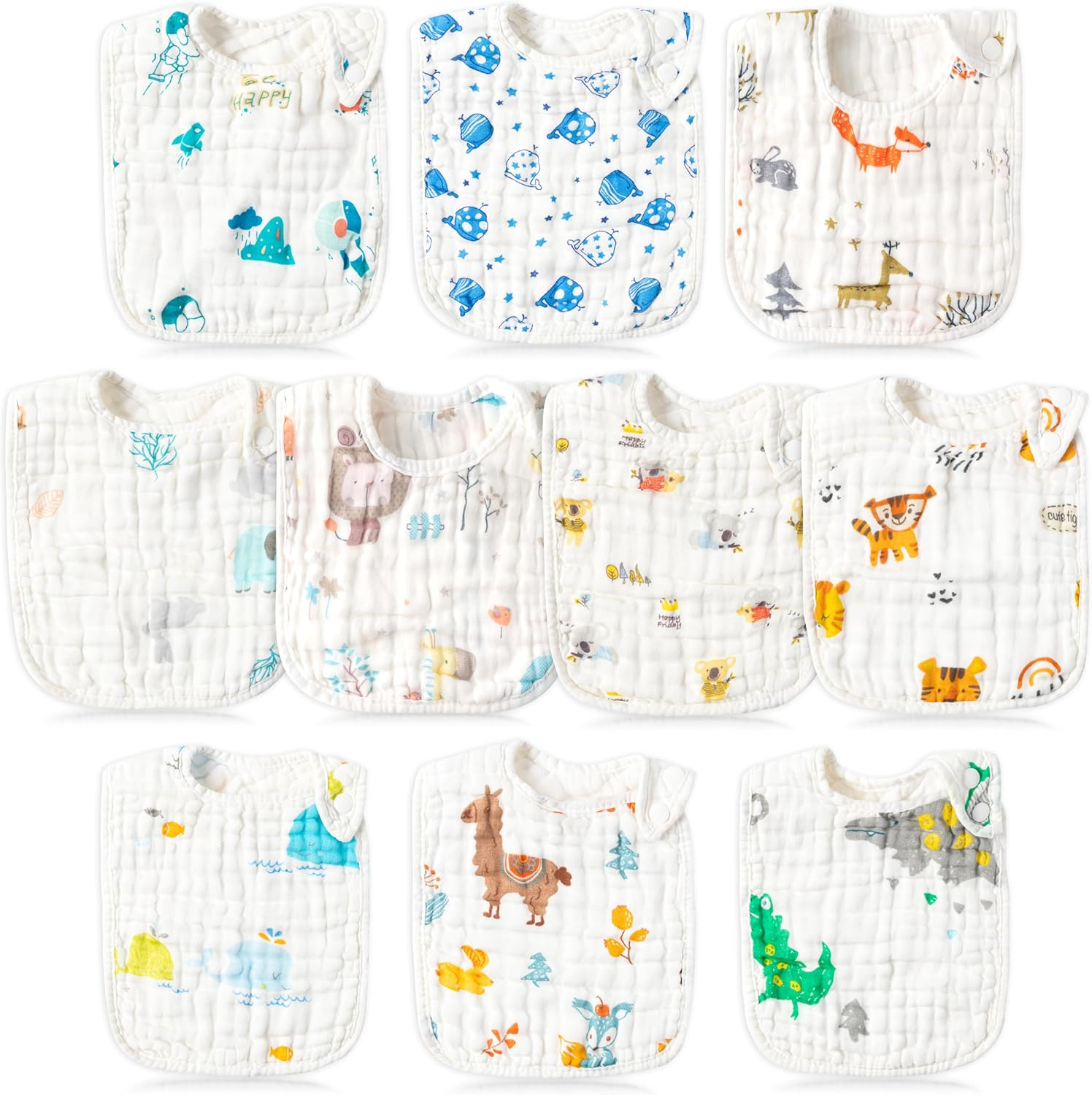 Buoonyer 10Pcs Snap Muslin Cotton Bibs, Baby Bandana Drool Bibs, Adjustable Soft Absorbent Cotton Scarf