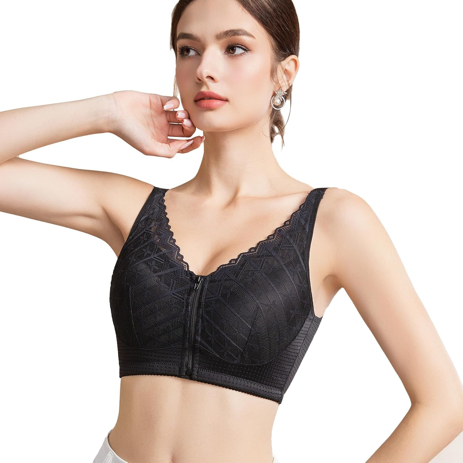Zip Front Closure Mastectomy Bra, Women Post-Surgery-Bra with Pocket for Breast Prosthesis - Lace Surgical Everyday Bras