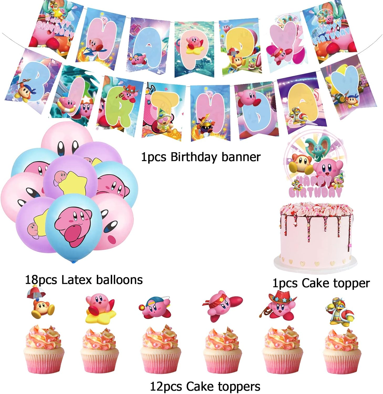 Kirby Children'S Birthday Decoration Pack: Kirby Balloons, Cake Toppers, Garland in Pink image number 6