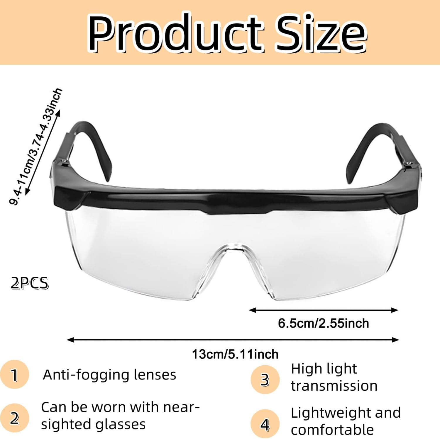 Heanvmyss Clear Safety Glasses,2 Pcs Protective Glasses,Transparent Safety Goggles,Anti-Fog Lab Goggles,Adult anti Scratch Protection Glasses for Work,Home,Gardening,Chemistry image number 5