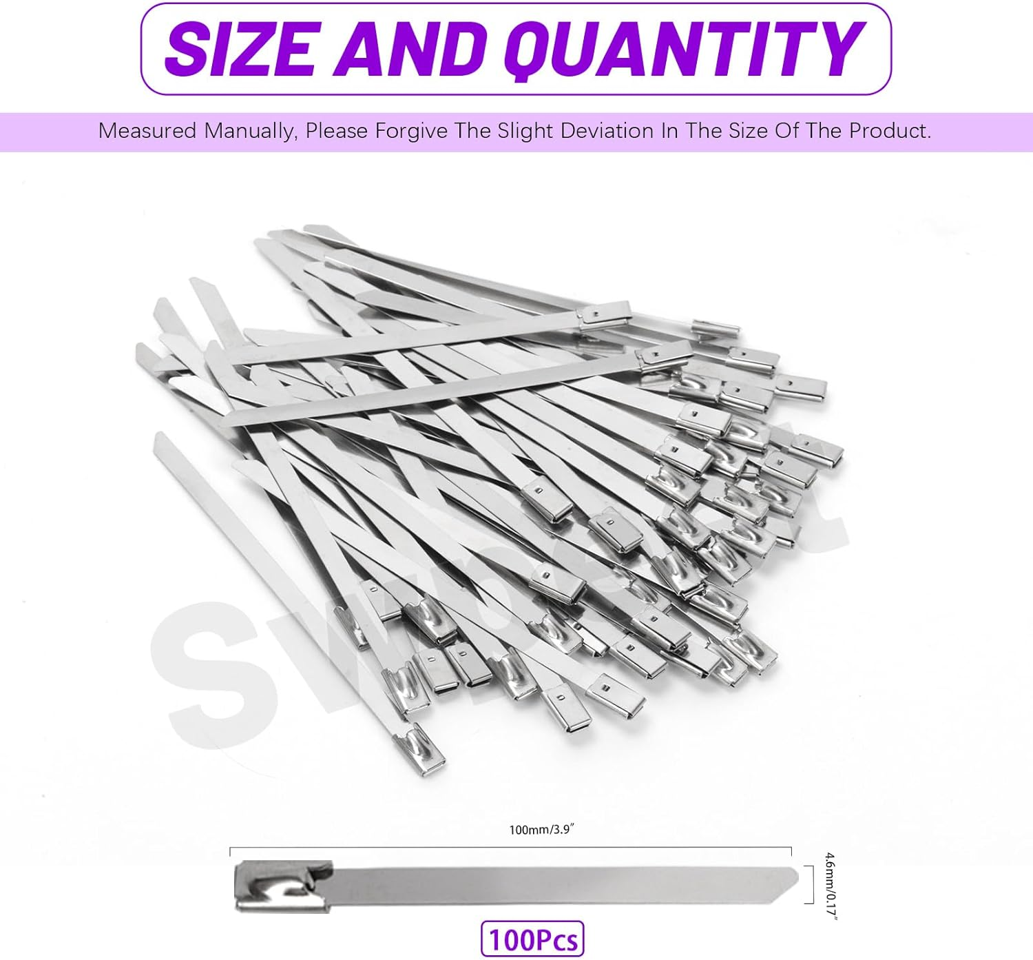 Swpeet 100Pcs 100Mm/ 3.9 Inch 304 Stainless Steel Zip Ties Assortment Kit, Multifunctional Metal Zip Ties, Heavy Duty Self-Locking Cable Ties for Machinery, Vehicles, Farms, Cables, Pipes, Fence image number 4