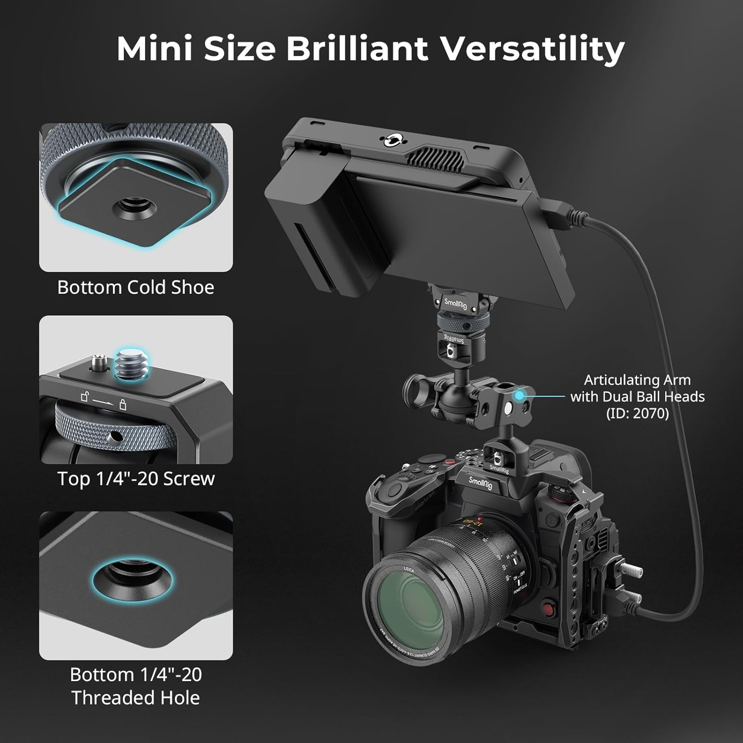 Smallrig Camera Monitor Mount Lite with Cold Shoe, Swivel 360&deg; and Tilt 180&deg; Holder for Field Monitor, LED, Flash and Video Shooting Photography Accessories, Max Load Capacity of 90&deg; Tilt 3.2Kg - 3809 image number 5