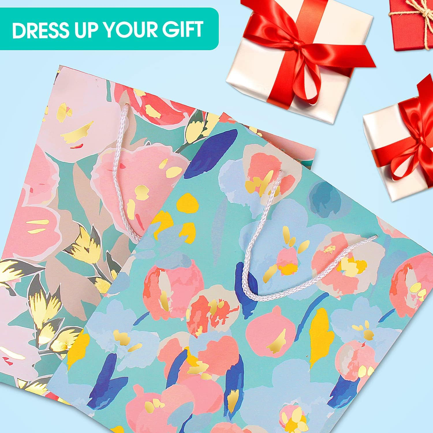 Gift Bag for Women Girl Her,Large Gift Bag with Tissue Paper,Elegant Birthday Gift Bag with Flower Foil Gold Marking,Big Gift Bag Birthday Gift Wrap Bag,Birthday Bag Present Bag for Birthdays Mother'S Day Bridal Shower Wedding Retirement Anniversarie Engagement Any Occasion - Turquoise,Pink image number 4