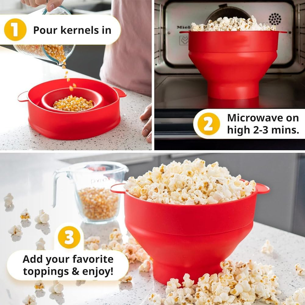 Dolemay Silicone Microwave Popcorn Popper,Collapsible Popcorn Maker with Lid and Handles Lightweight Popcorn Making Tool Kitchen Creative DIY Popcorn Maker Durable Cookies Candy and Popcorn Bowl-Black image number 1