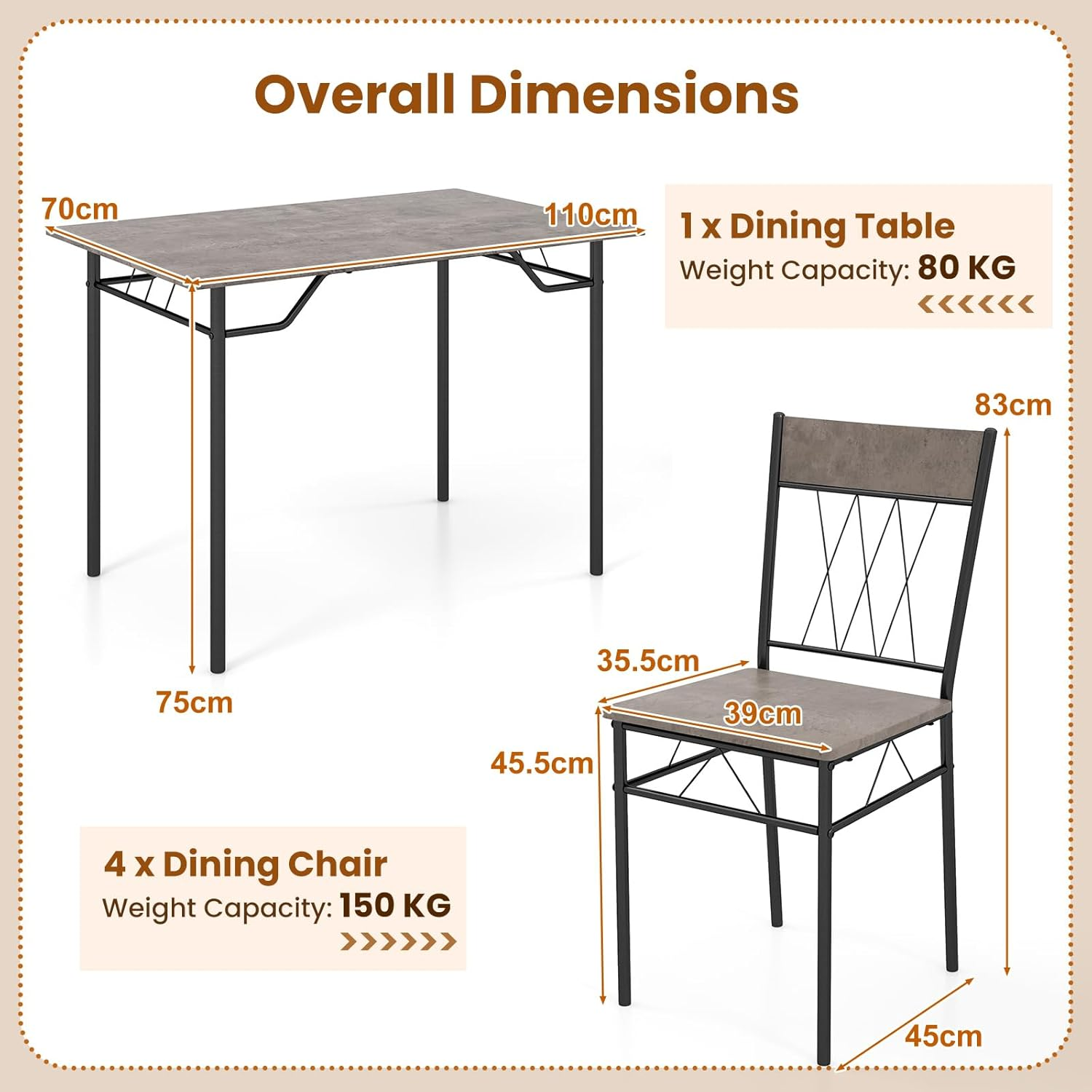 Giantex 5Pcs Dining Table Set for 4, Modern Kitchen Dining Room Furniture Set W/Kitchen Table, 4 Dining Chairs, Metal Frame, Space-Saving Dinette Set for Small Place Home Office Breakfast Nook (Grey) image number 6