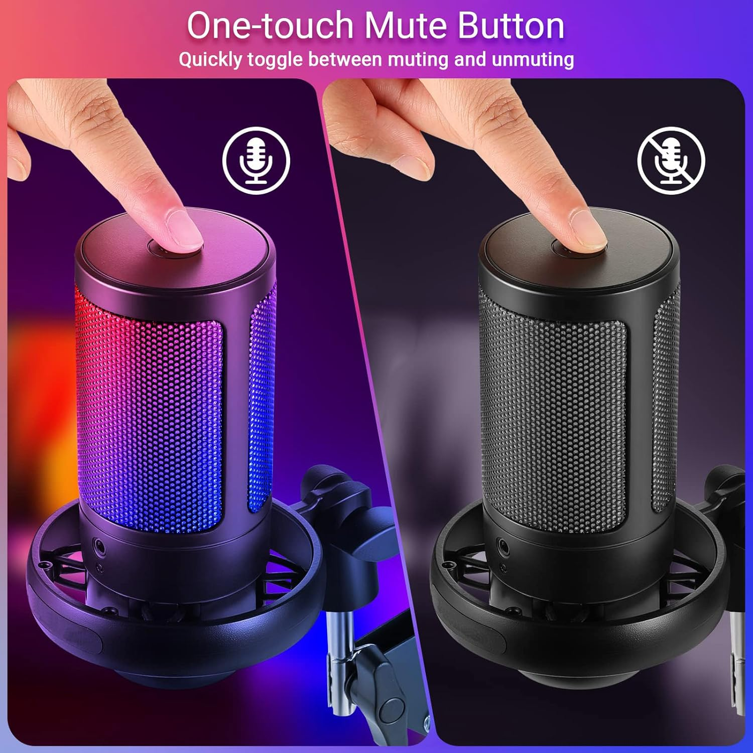 USB Microphone Gaming Mic with RGB Light, Condenser PC Podcast Microphone with Volume Control, Mute Button, Tripod Stand 3.5Mm Headphone Jack Compatible with Windows, Mac OS, Smartphones (Black) image number 1