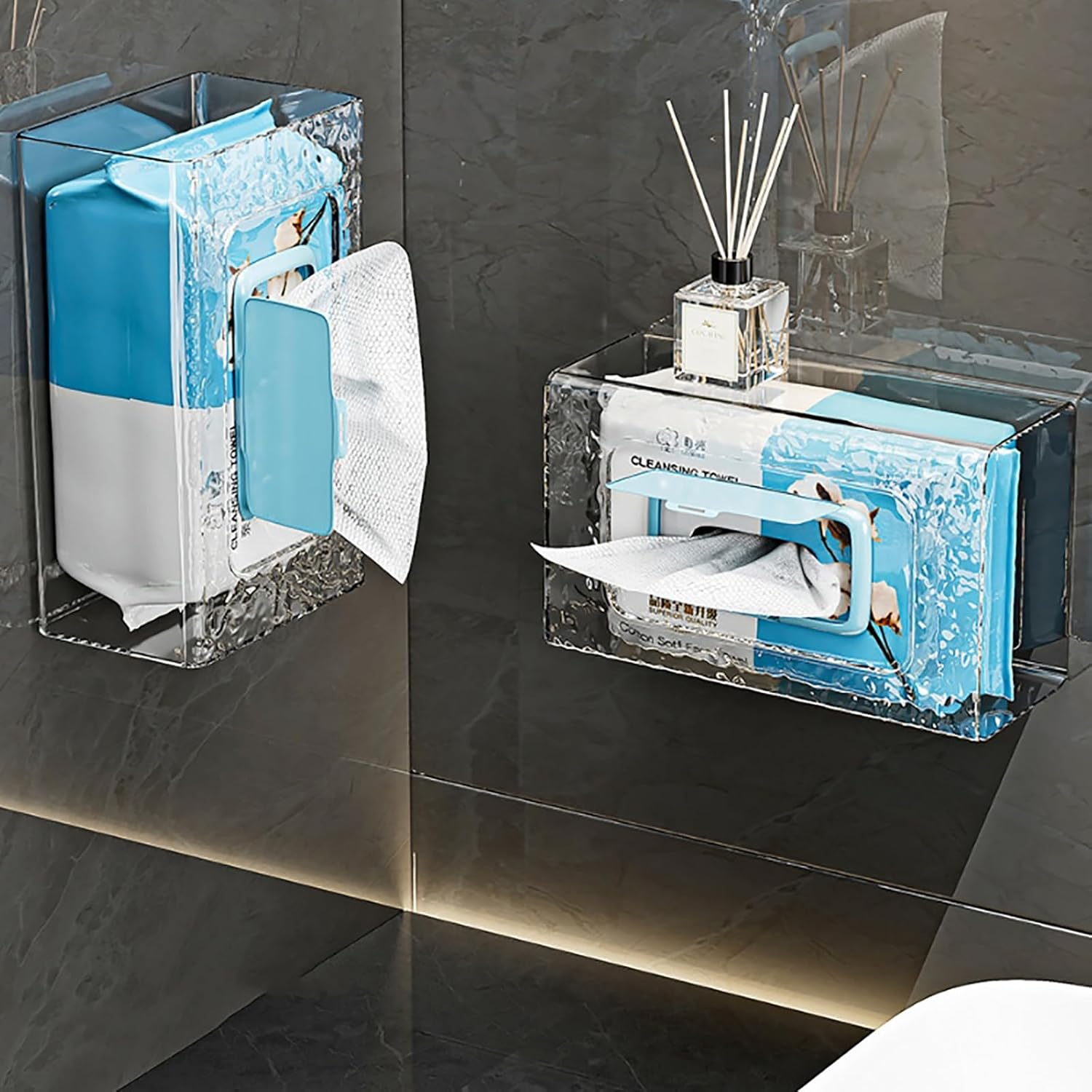 Wall Mounted Tissue Box Holder, No Punching Self-Adhesive Wipes Holder for Bathroom,Clear Acrylic Tissue Box Holder,Wet Wipes Dispenser for Kitchen Toilet,Waterproof (Transparent 1 PCS) - Mix 2 Pcs image number 5