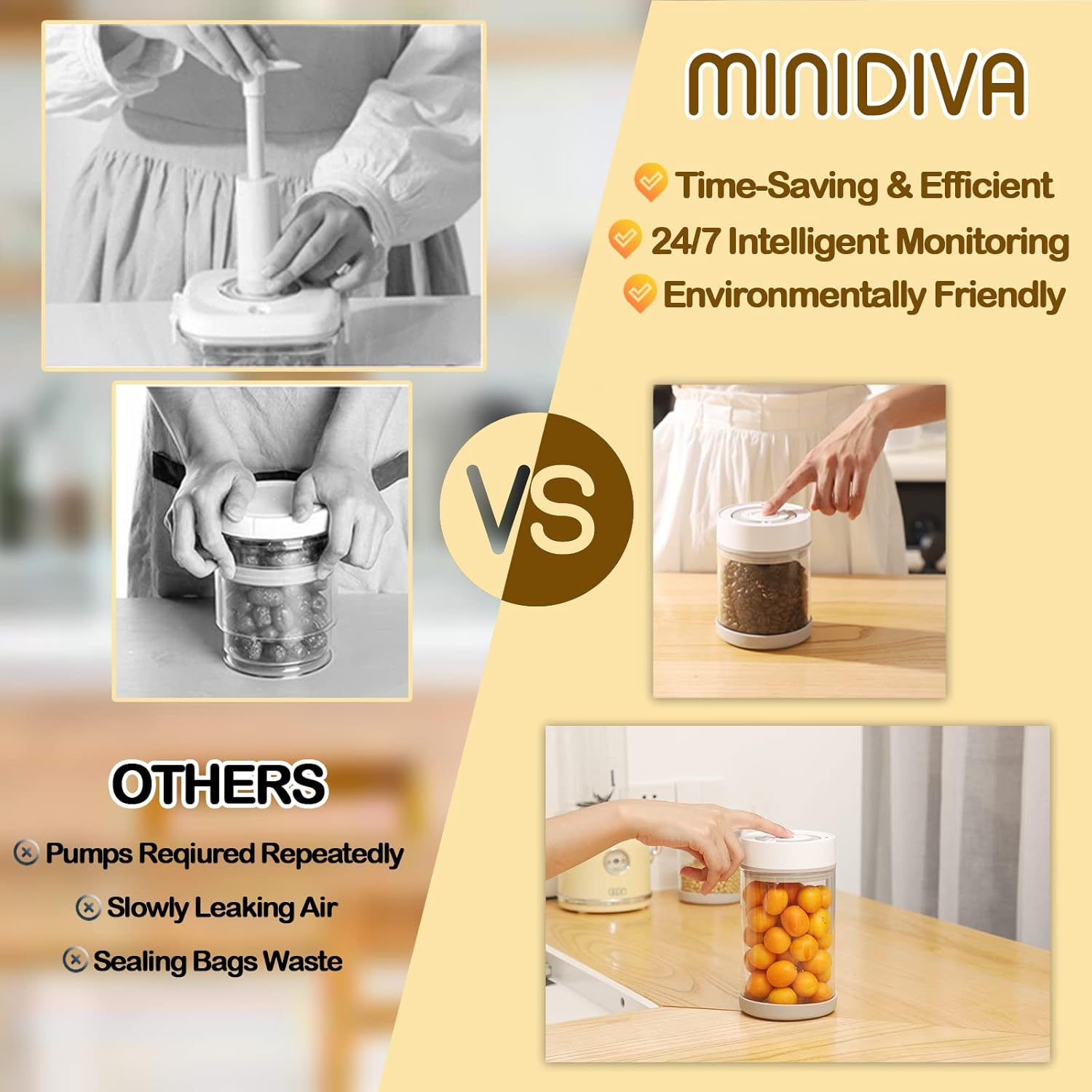 Minidiva Smart Vacuum Container, Automatic Electric Airtight Glass Jar for Food Coffee Storage Meal Prep (600Ml) image number 2