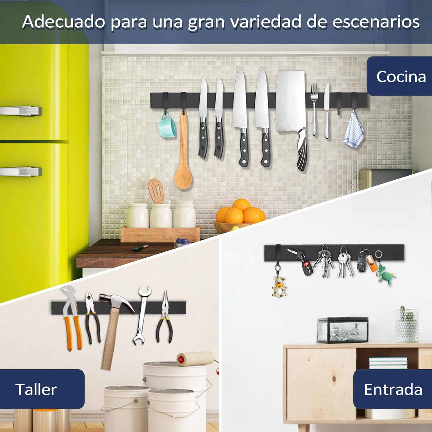 Dmore 59 Cm Magnetic Strip Knife with 4 Hooks, Black Knife Holder, Magnetic No Drilling, Powerful Magnetic Knife Holder, Includes Adhesive Tape and Screws for Knives, Utensils and Tools image number 1