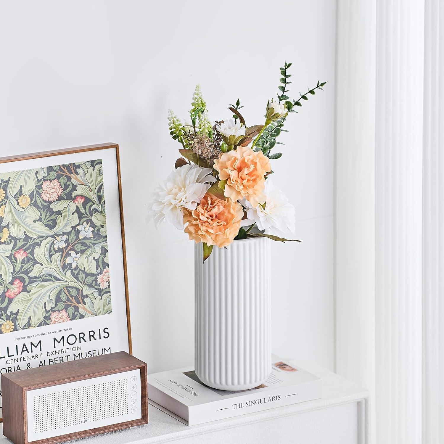 White Ceramic Flower Vase for Pampas Grass, 8 Inch Small Decorative Centerpiece Ribbed Vase for Dining Table, Office Desktop, Shelf Bookshelf, Mantel, Entryway, Bathroom, Countertop, Farmhouse, Gift image number 6