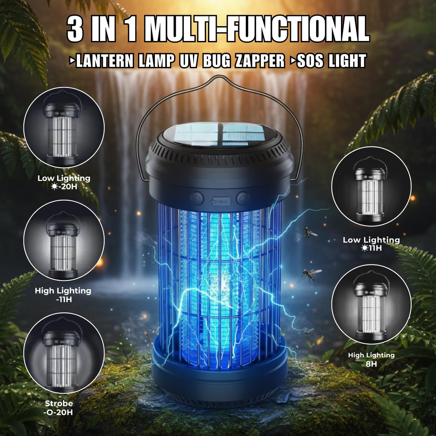 Bug Zapper &ndash; Solar & USB Rechargeable Insect Killer Lamp | 5W UV Light Bulb with 4200V High Voltage Grid for Flies & Mosquitoes | Black | Portable, Eco-Friendly & Powerful Pest Control. image number 1