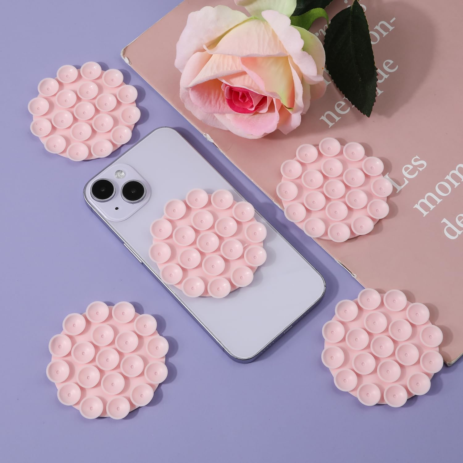 5Pcs Silicone Suction Cup Phone Holders, Multipurpose Phone Suction Mount for Car Phone Mini Suction Cup Mat Suction Phone Case Self-Adhesive Support for Mobile Power Mobile Phones (Light Pink) image number 4