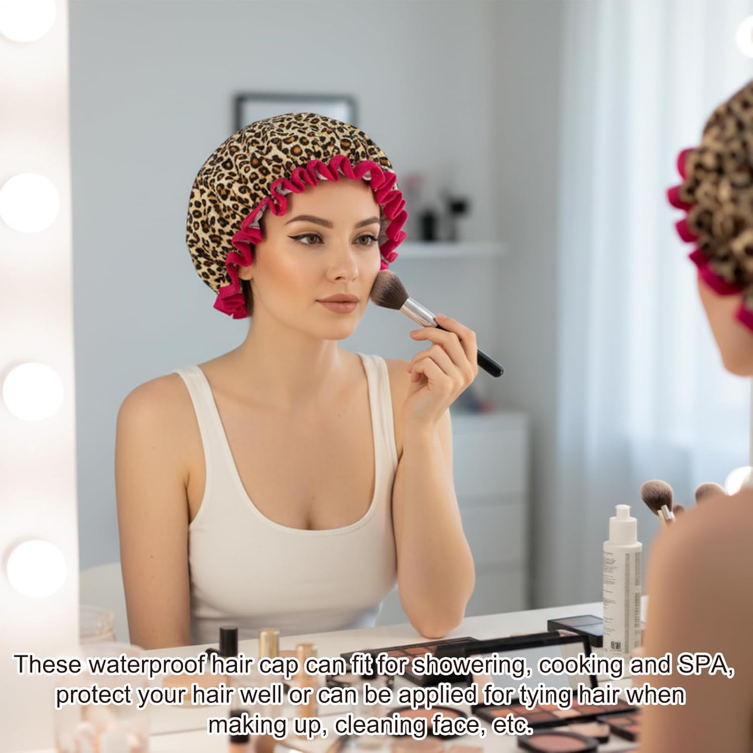 Shower Cap, 4 Pack Double Layer Shower Caps for Women, Leopard Print/Zebra/Pink Polka Dots/Black Polka Dots, Waterproof Bathing Hat for Showering, Spa, Travel and Home Use image number 1