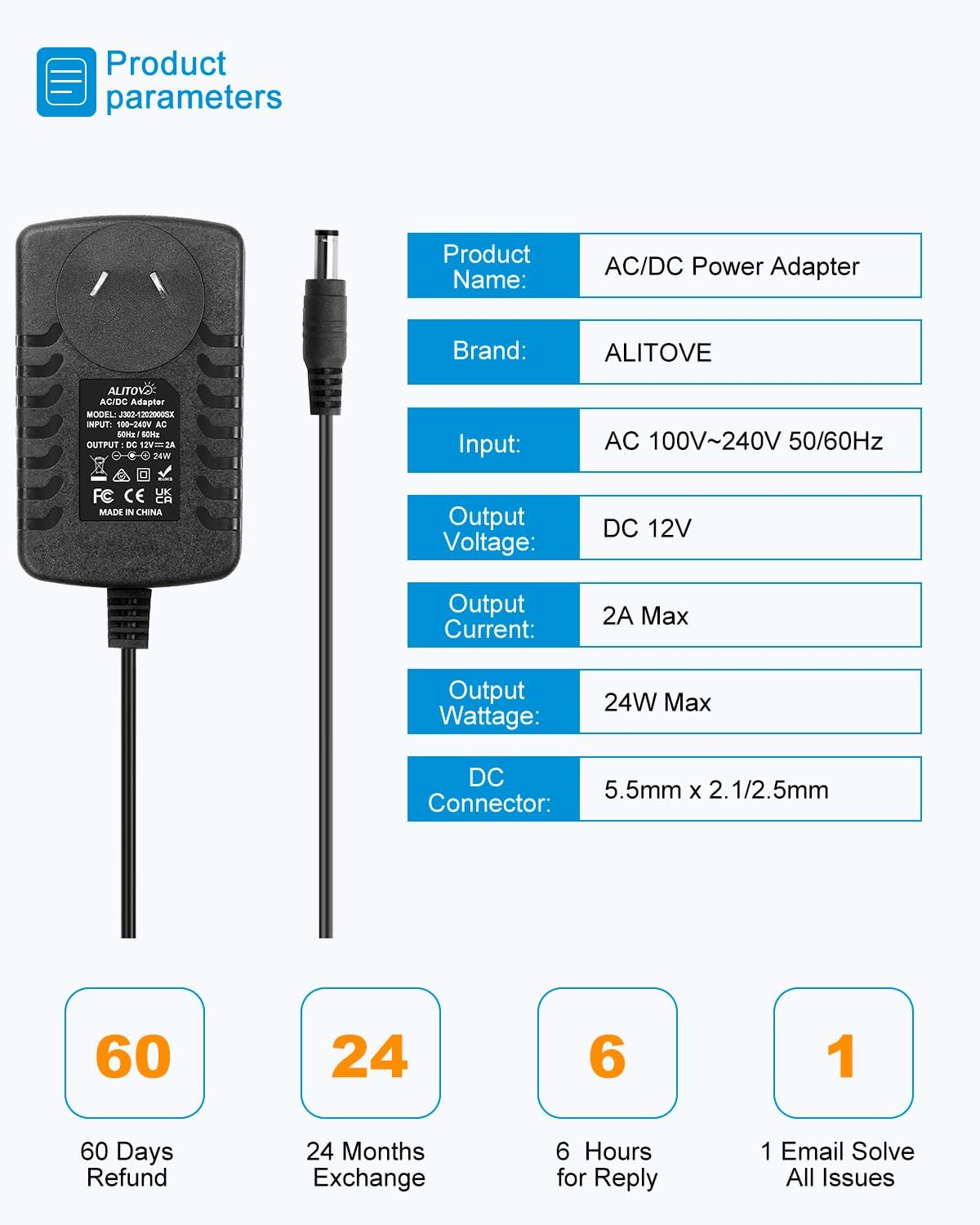 ALITOVE 12V DC Power Supply 2A 24W AC/DC Adapter 220~240V AC to DC 12 Volt 2 Amp 1.8A 1.5A 1.2A Converter with 5.5 X 2.5Mm 2.1Mm Plug for LED Strip Light CCTV Security Camera BT Speaker Webcam Router image number 4