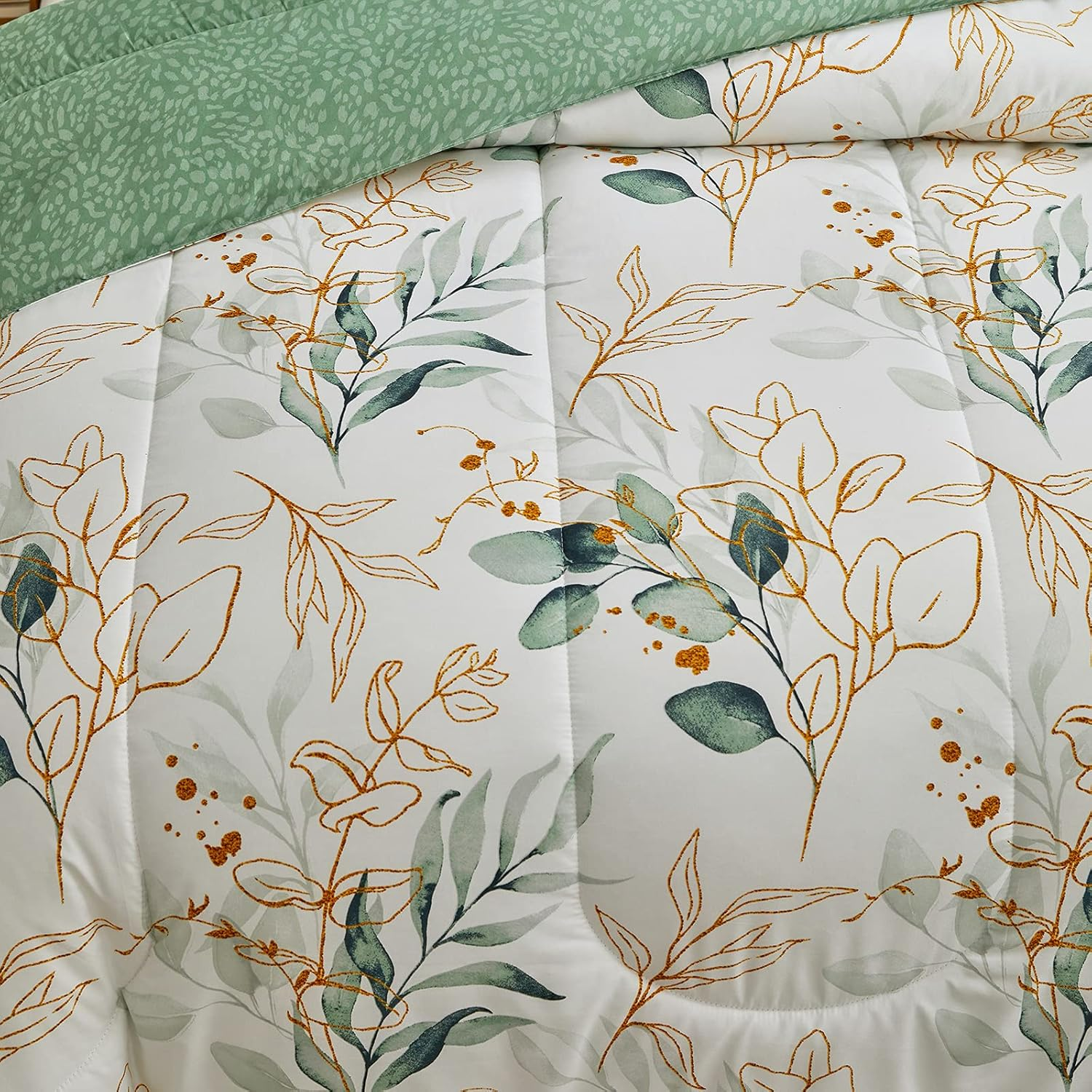 Joyreap 3Pcs Botanical Comforter Set King, Green N Golden Leaves on White Reversible Design, Smooth Soft Microfiber Bedding Comforter Set for All Season, 1 Comforter N 2 Pillow Shams, 102X90 Inches image number 3