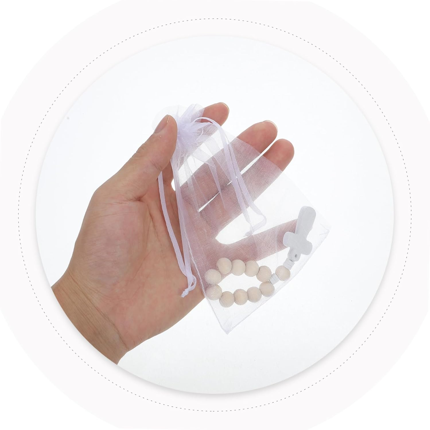 Jojofuny 40Sets Wooden Rosary Beads Mesh Bags for Baptism Religious Prayer Favors Small Rosary Cross Charms image number 6