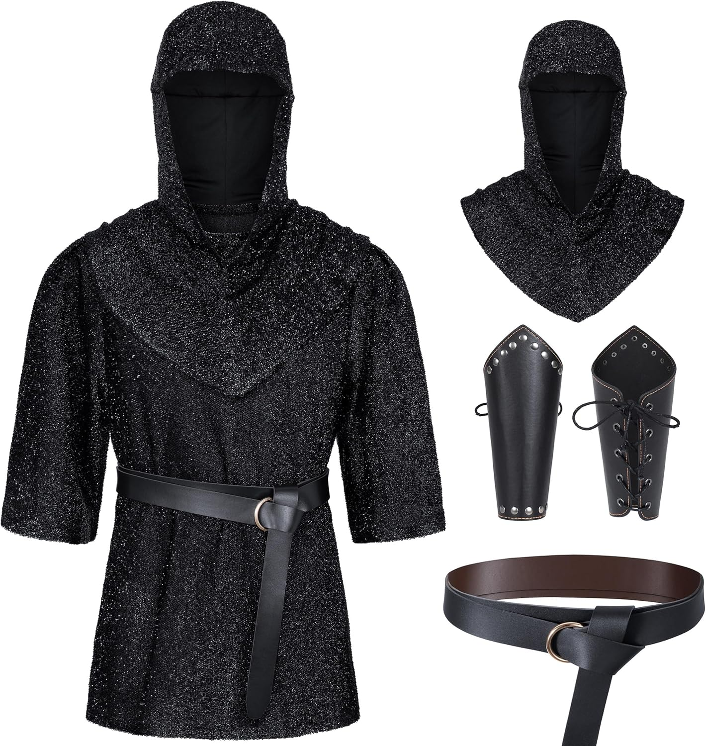 Renaissance Faux Chain Mail Armor Tunic Shirt Coif Medieval Knight Cowl Crusader Costume Outfit Bracers Waist Belt Set