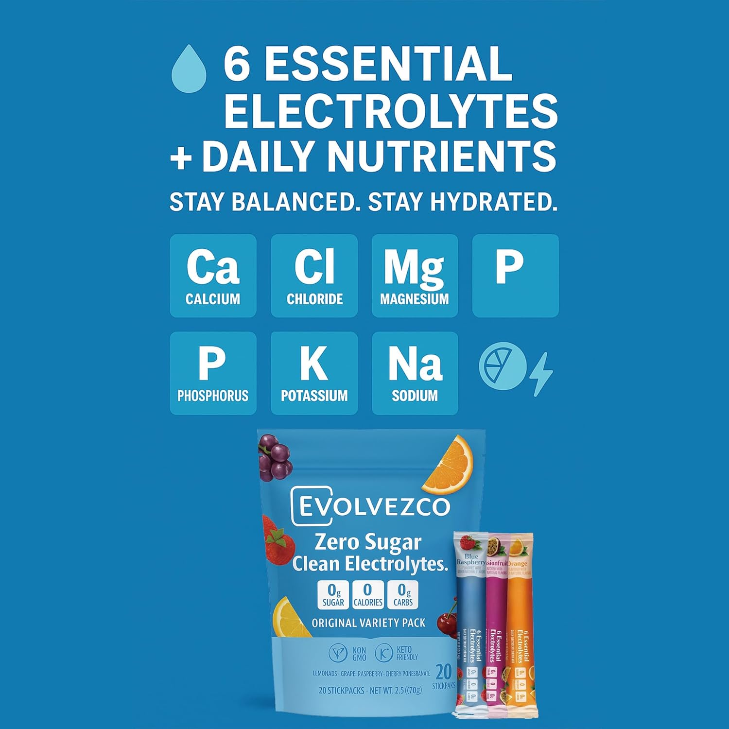 Electrolyte Drink Mix &ndash; Sugar-Free Hydration Powder with 6 Electrolytes + Vitamin C & Zinc &ndash; Vegan &middot; Non-Gmo &middot; Keto-Friendly &ndash; Original Variety Pack (20 Stickpacks) image number 5