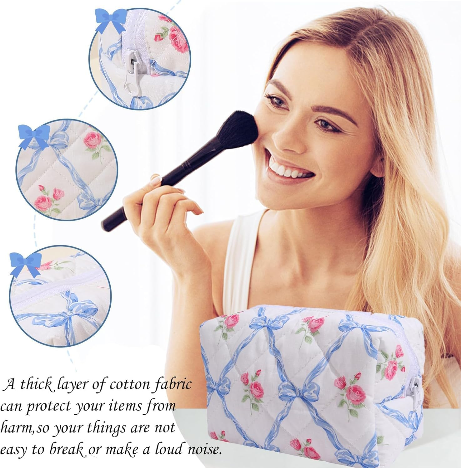 LYDZTION 2PCS Cute Quilted Makeup Bag for Women, Floral Makeup Bag Cosmetic Bag Pouch Coquette Bow Small Makeup Bags Aesthetic Stuff Travel Essentials for Women, Blue - Blue image number 2