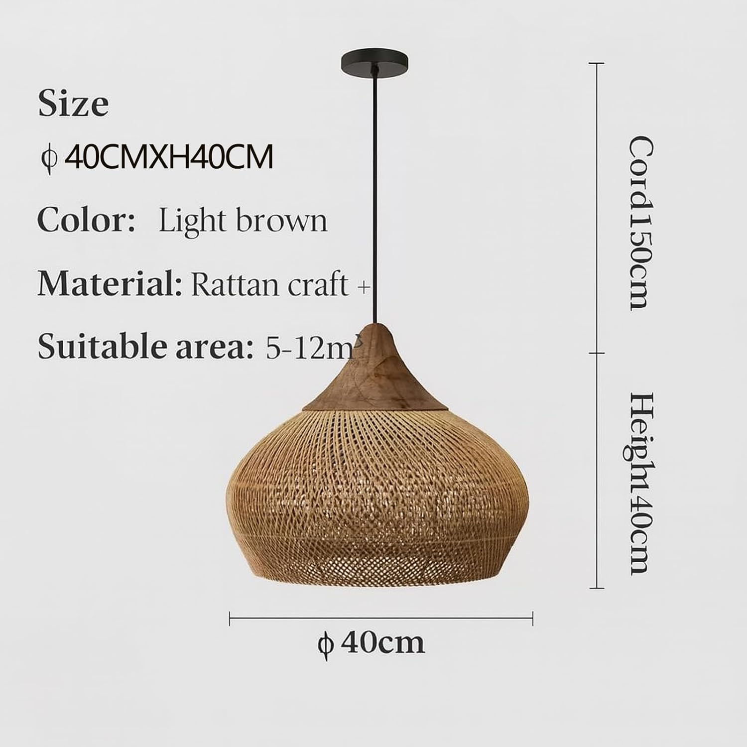 Rattan Pendant Light, Handmade Wicker & Bamboo Lampshade,Adjustable Cord,Boho Rustic Chandelier for Kitchen Island, Dining Room & Living Room &ndash; Natural Woven Design Creates Warm (40Cm,Light Brown) image number 2