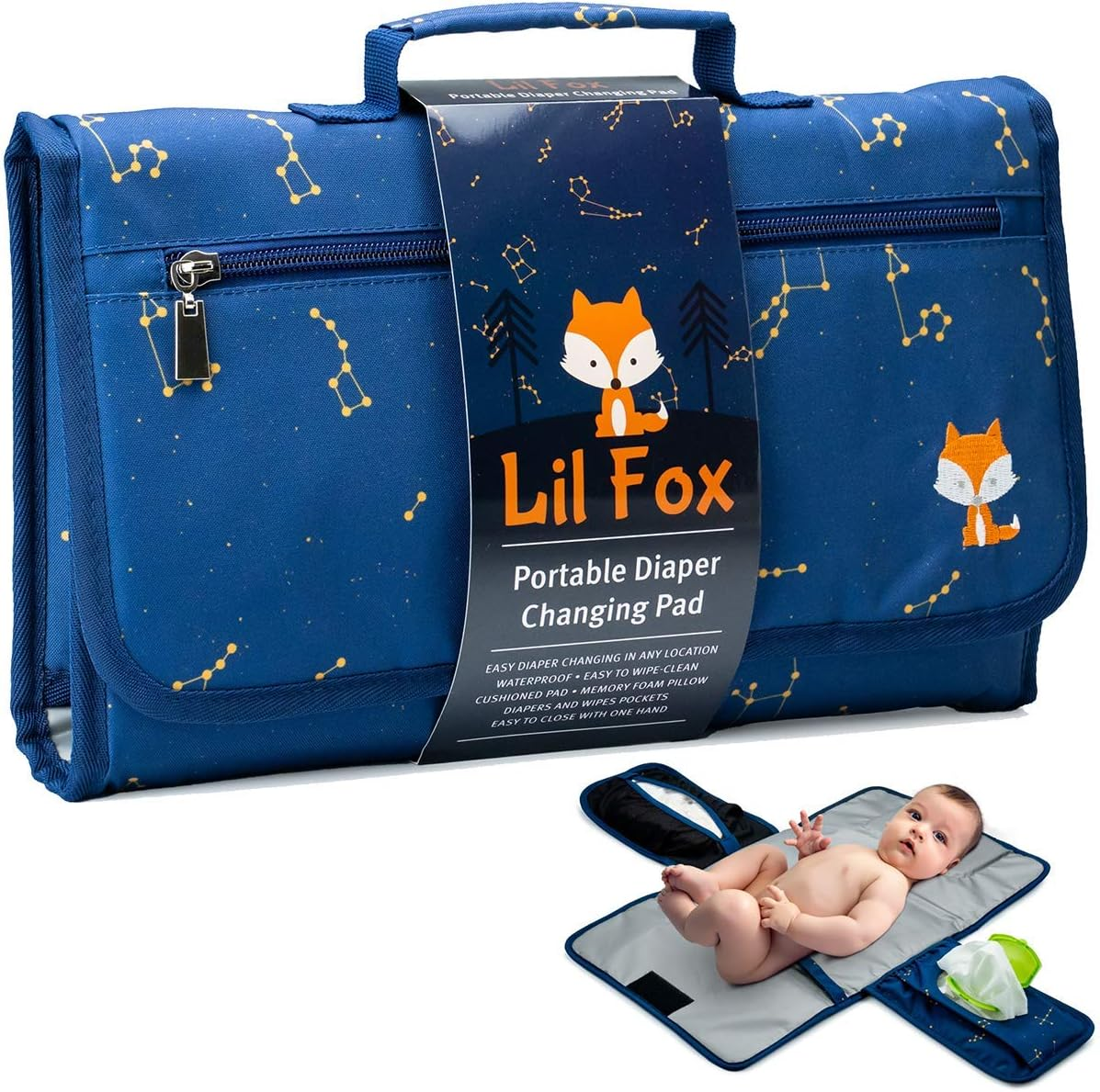 Lil Fox Portable Diaper Changing Pad by | Waterproof Portable Changing Pad for Moms, Dads and Babies | Use Just One Hand; Memory Foam Baby Head Pillow; Pockets for Diapers, Wipes and Creams