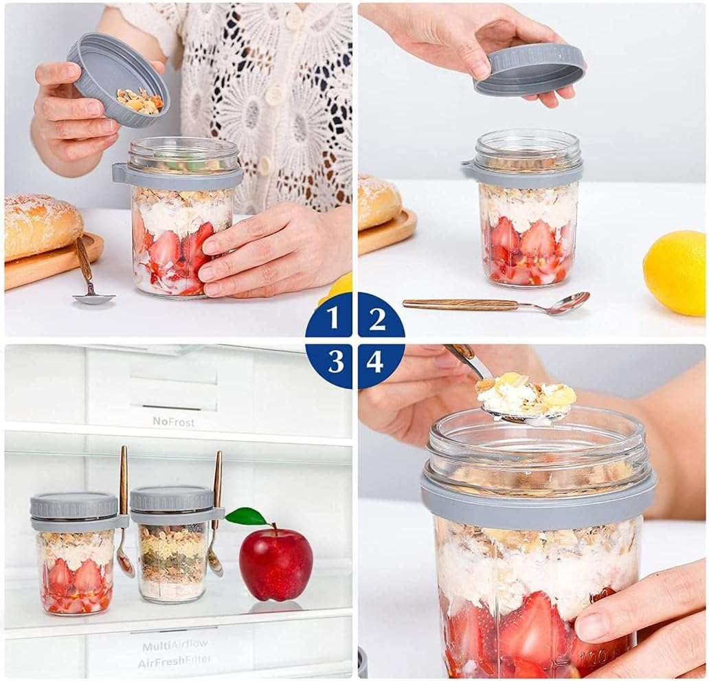 Kitment 6Pack Overnight Oats Container Jars, Oatmeal Containers with Lid and Spoon, 10Oz/350Ml Glass Mason Airtight Jars with Measurement Marks for Cereal, Yogurt, Milk, Vegetable, Fruit, Salad (Gray) image number 3