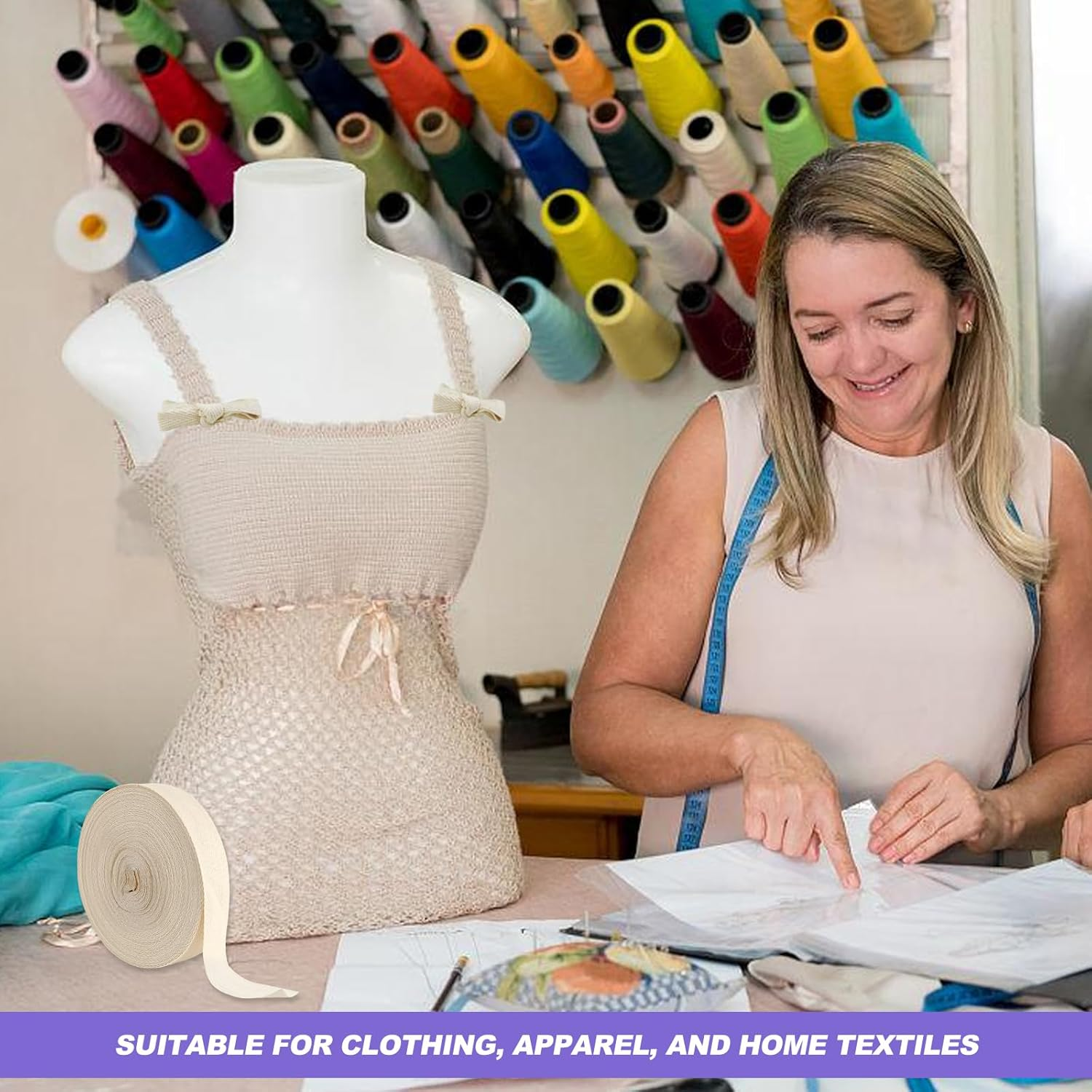 Cotton Twill Tape 20Mm, 50M Bias Binding Bunting Tape for Sewing Herringbone Cotton Webbing Tapes Ribbon for Sewing Craft Beige image number 3