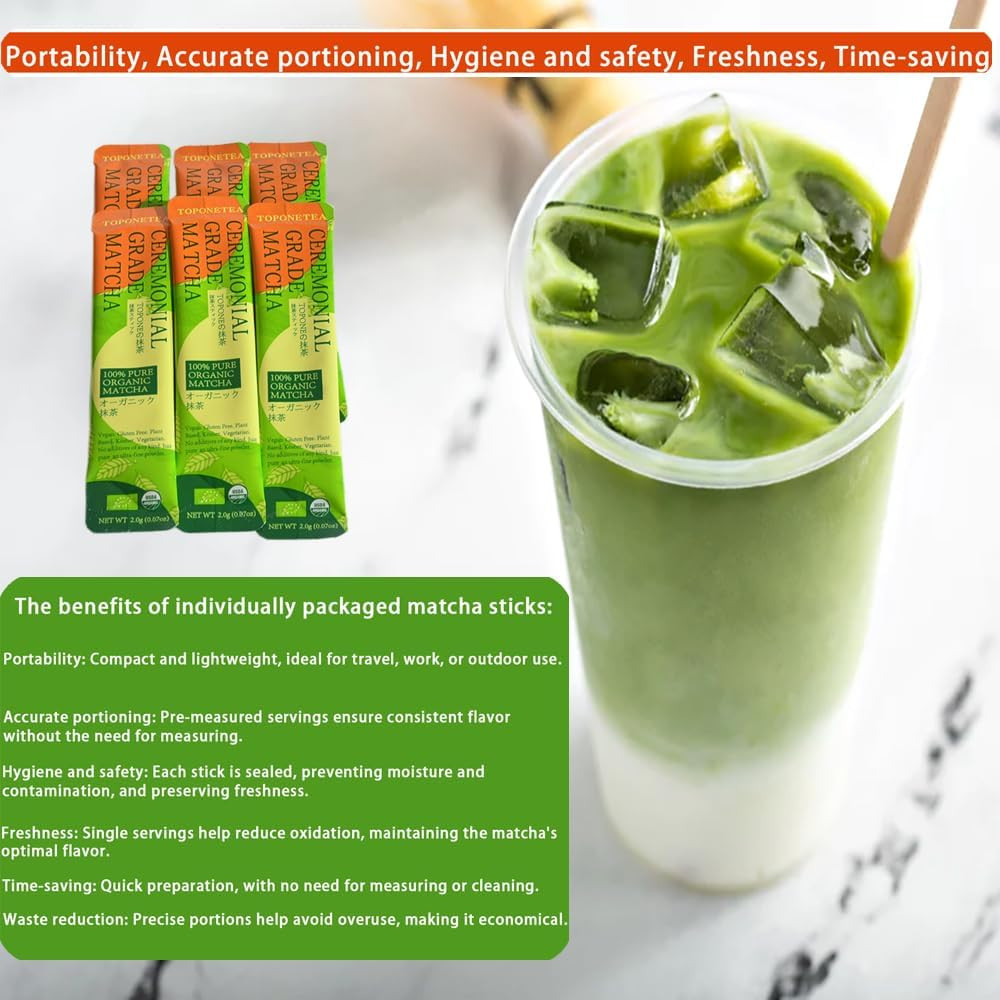 Toponetea Ceremonial Grade Organic Matcha Green Tea Powder - 30 Single Serve Stick Packs, Authentically Japanese, First Harvest ， Gluten-Free Vegan image number 2