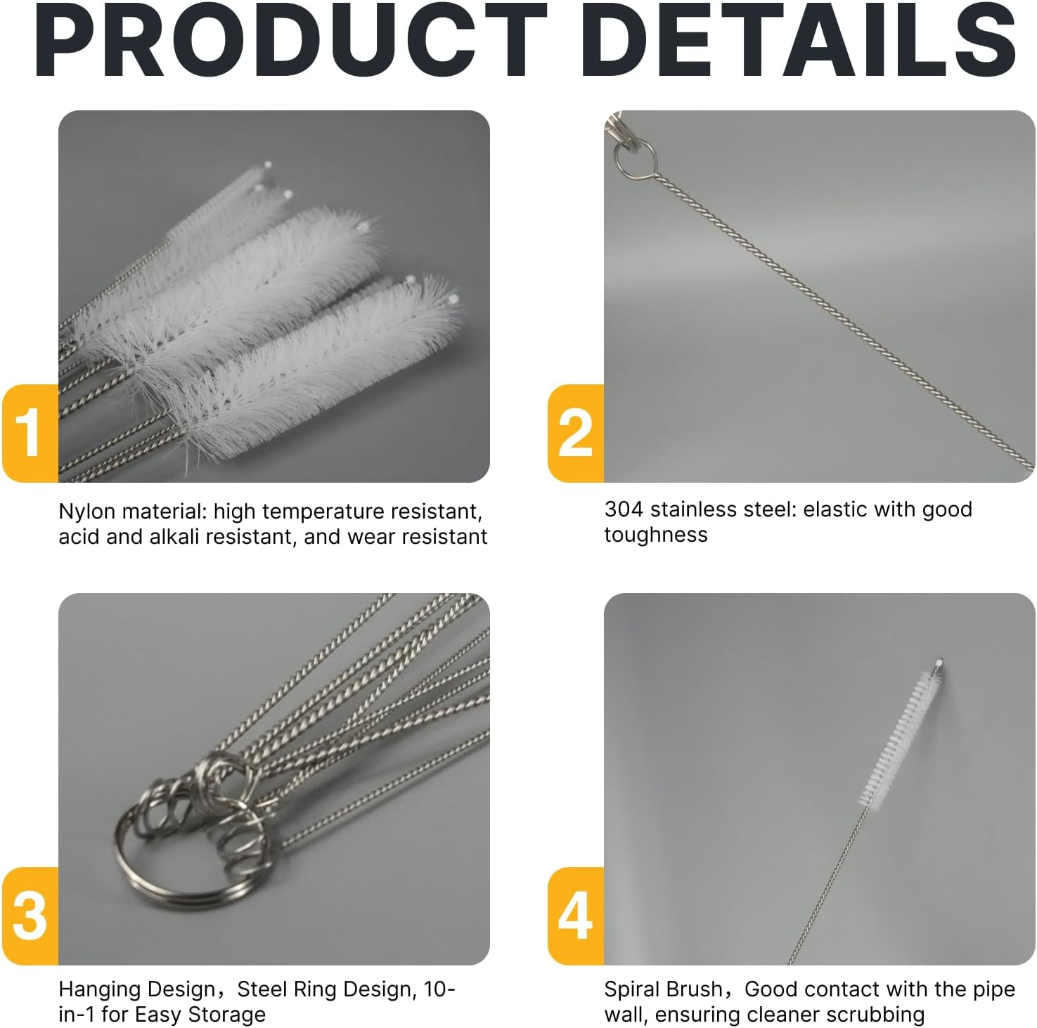 10-Pack Straw Cleaning Brushes &ndash; Multi-Size Nylon Bristle Kit with Keychain (8" Length, White) image number 2