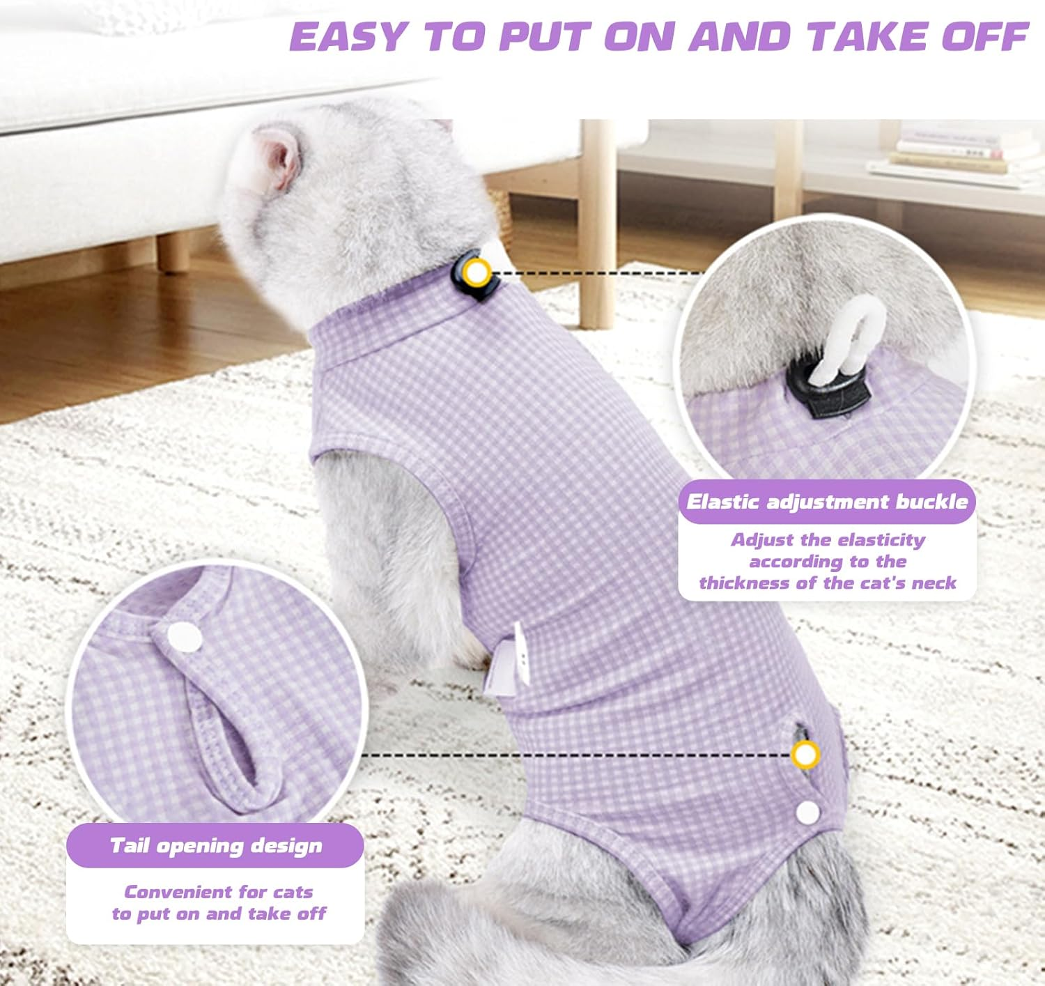 Larfraecy Cat Surgery Recovery Suit,Soft,Breathable,Elastic Fabric,Cat Vest Bodysuit after Surgery,Cat Onesies,Cat Recovery Shirt for Female Male Cat for Abdominal Wounds Prevent Licking (Purple, M) image number 4