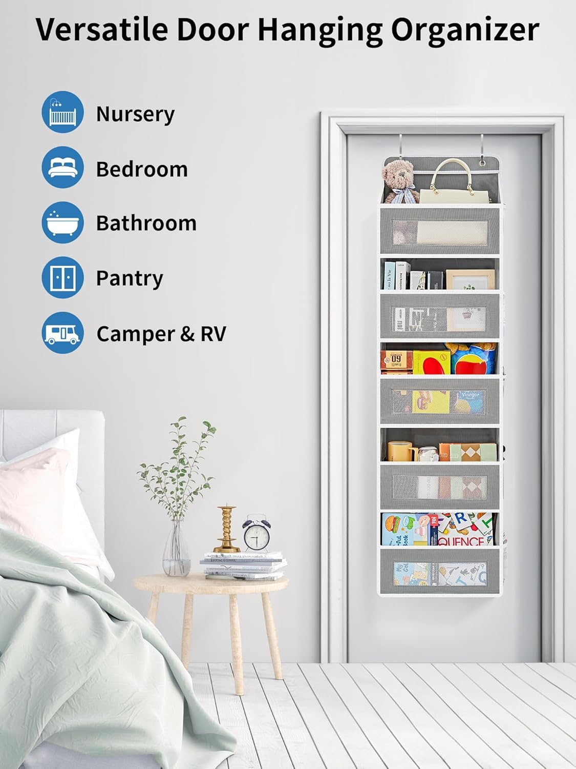 Over the Door Organizer Storage, 5 Shelf Hanging Door Organizer with 5 Large Capacity Pockets, anti Tilt 44 Lb Load behind Door Organizer for Bedroom, Bathroom, Pantry, Nursery (Grey) image number 3