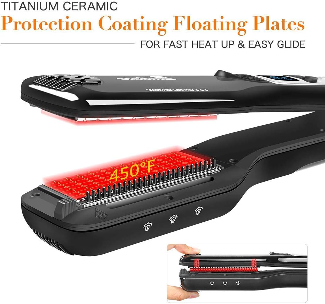 Professional Steam Straightener Brush, Electric Titanium Ceramic Flat Iron with Anti-Static Technology and Digital Controls for All Hair Types (Black) - Black image number 2