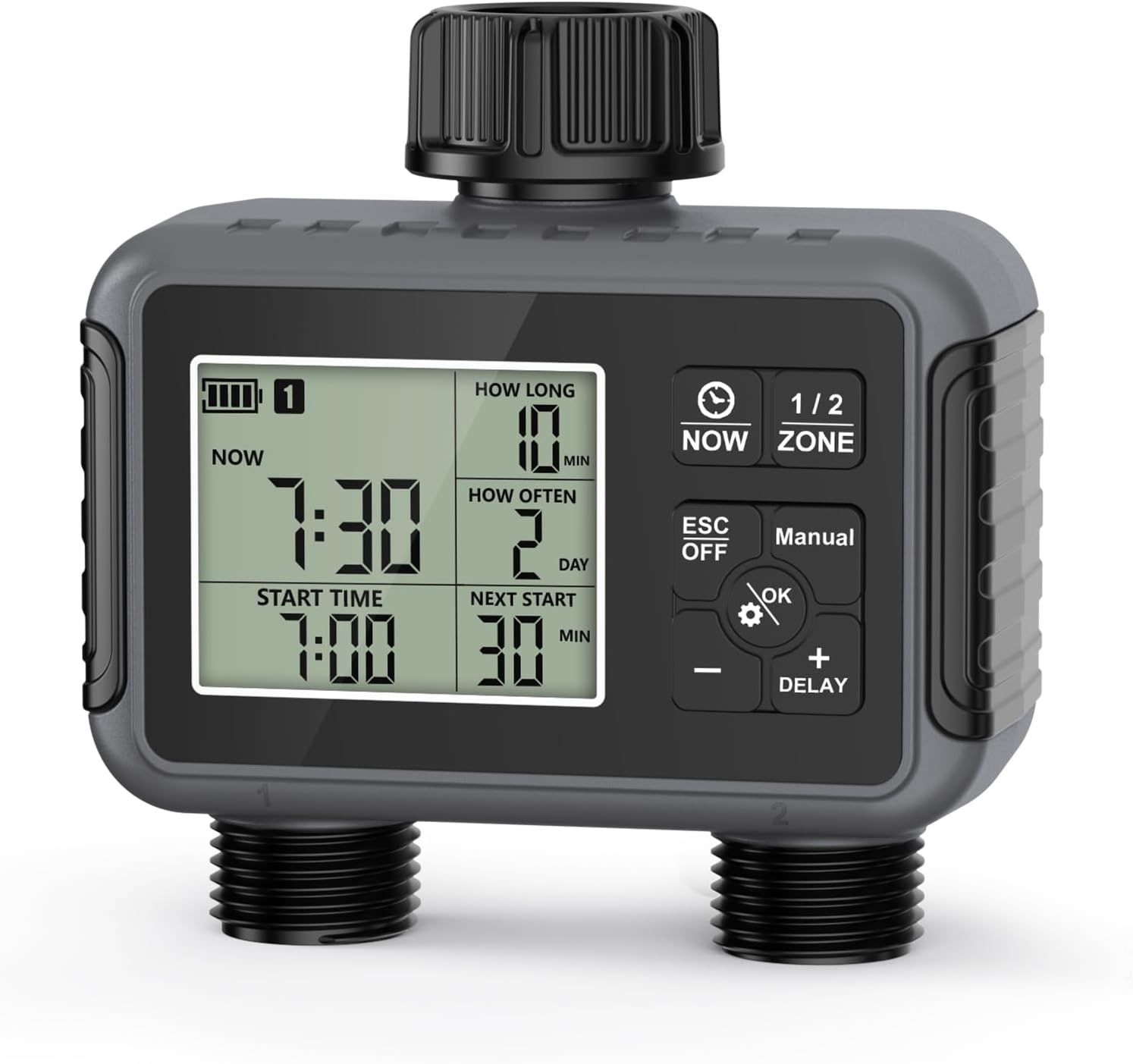 Sprinkler Timer 2 Zone, Programmable Water Timer for Garden Hose 2 Outlet for Garden, Outdoor Automatic Irrigation System IPX5 Waterproof with Auto/Manual/Rain Delay Mode Rain Delay/Manual for Lawn