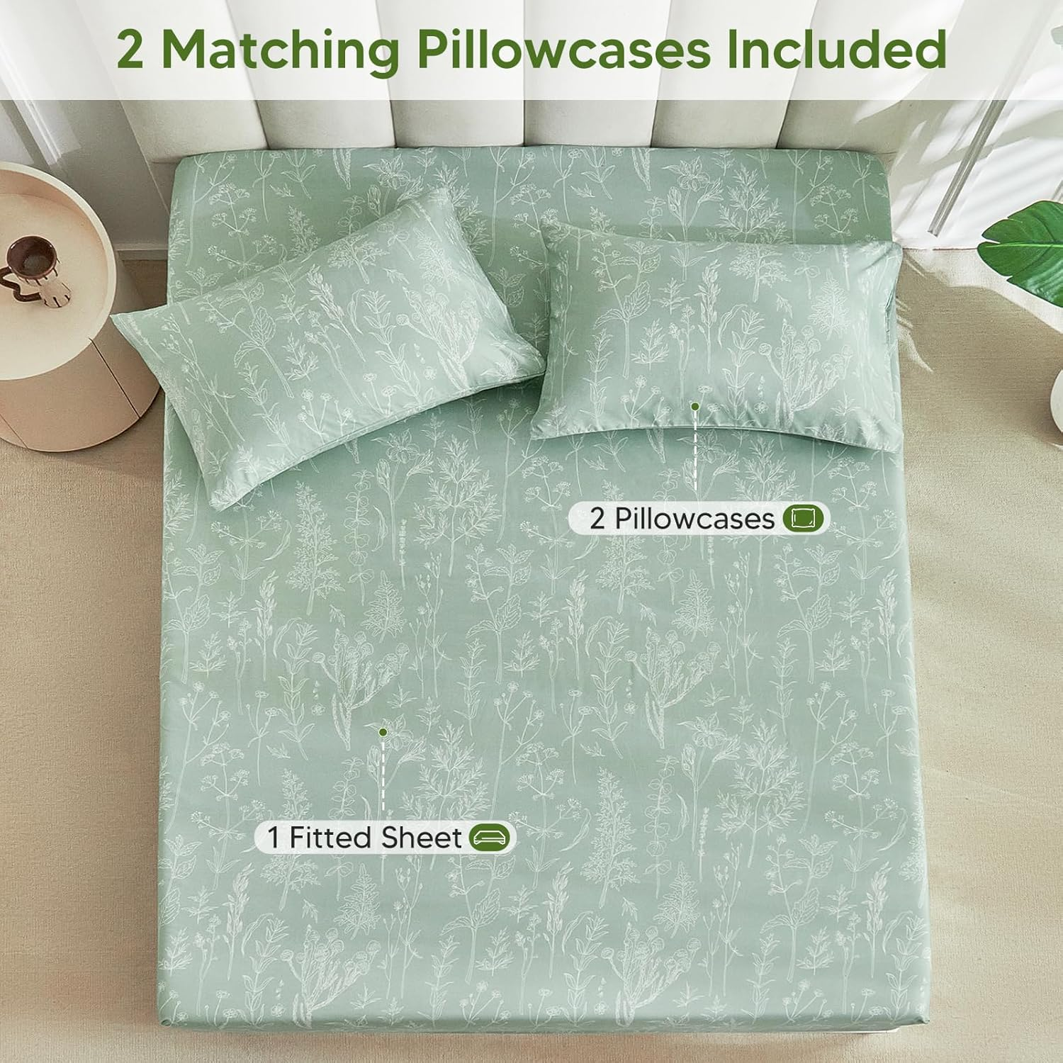 Tokokimo Fitted Sheet 160 X 200 Cm, 35 Cm Large Pockets with 2 Pillowcases 50 X 80 Cm - Soft Microfibre Duvet Cover with Hand-Painted Floral Motif, Sage Green image number 6