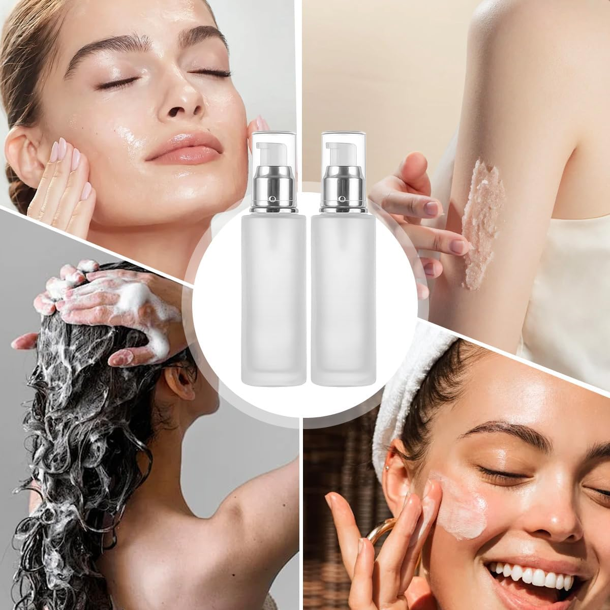 2Pcs 120Ml/4Oz Empty Clear Frosted Glass Lotion Pump Dispenser Bottle Refillable Cosmetic Cream Container Travel Toiletries Pump Dispenser Vials for Cream Emulsion Essencial Oil image number 3