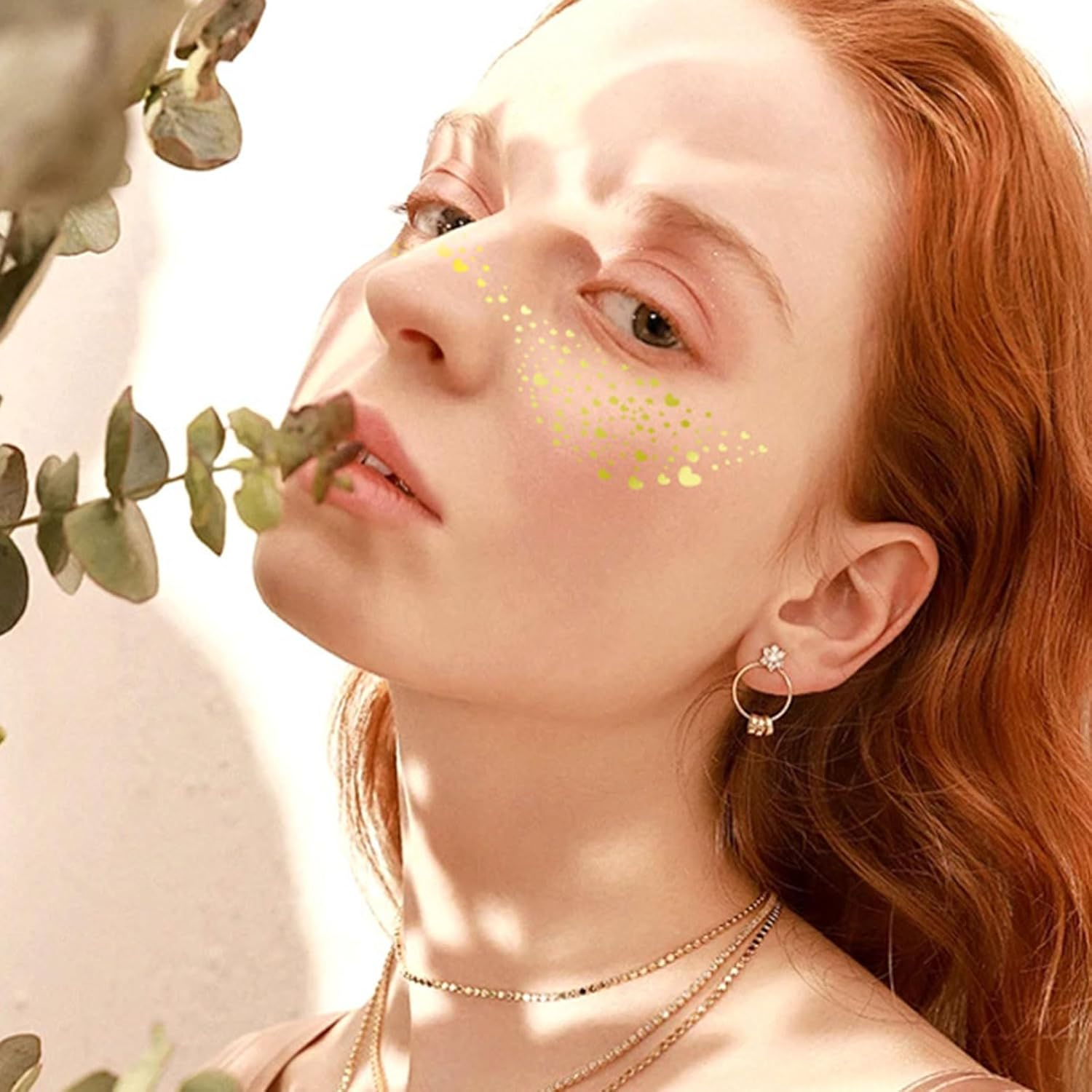 Xolixorium 10Pcs Glitter Freckles Face Tattoo - Gold & Silver Speckles Makeup Patches for Festival/Cosplay/Photo Shoots image number 1