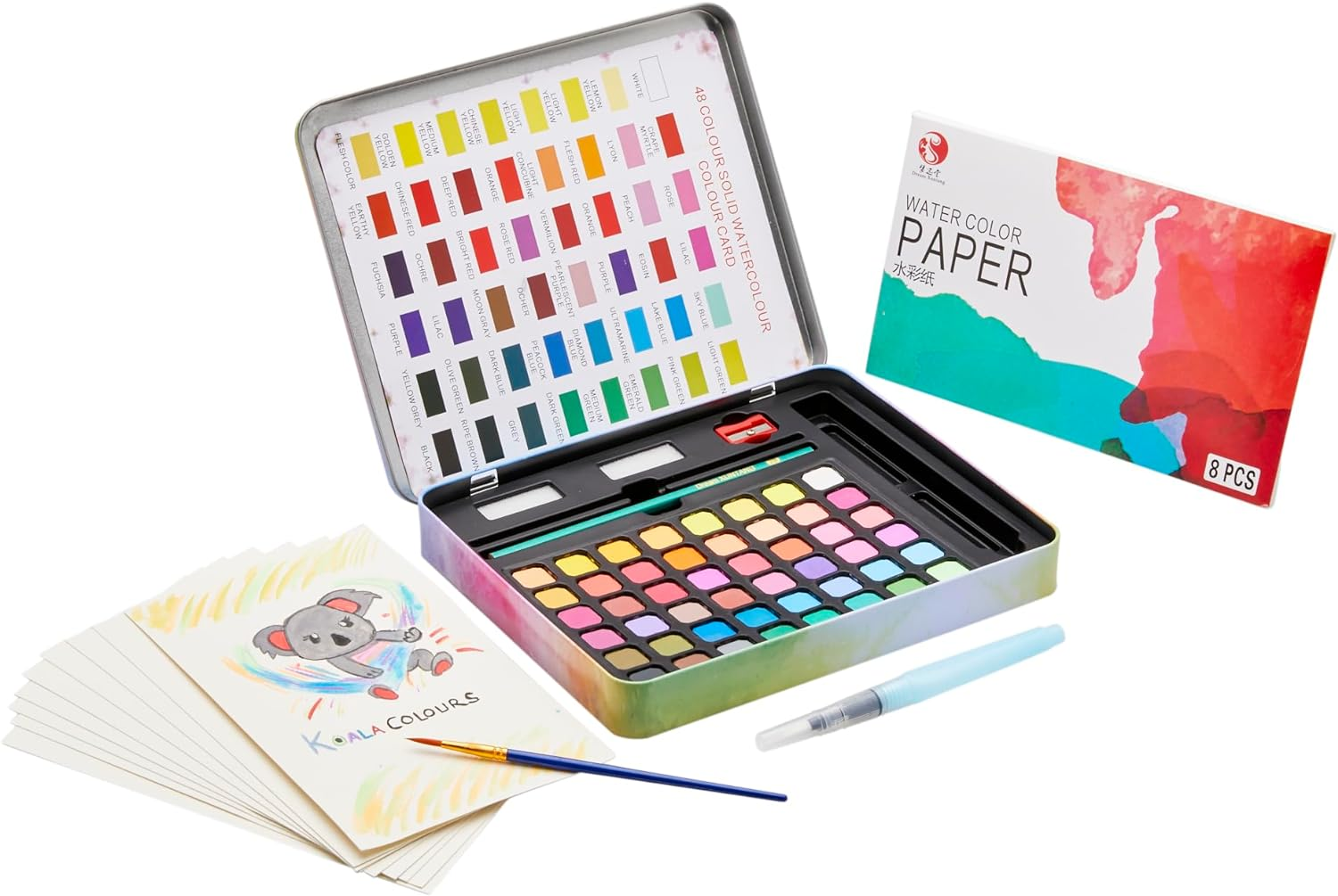 Professional 48 Water Colour Paint Set - Non-Toxic Paints & Vibrant Pigments Watercolour Set with Water Brush Pen and Metal Box Art Kit - Perfect for Kids, Adults, Beginners and Artists