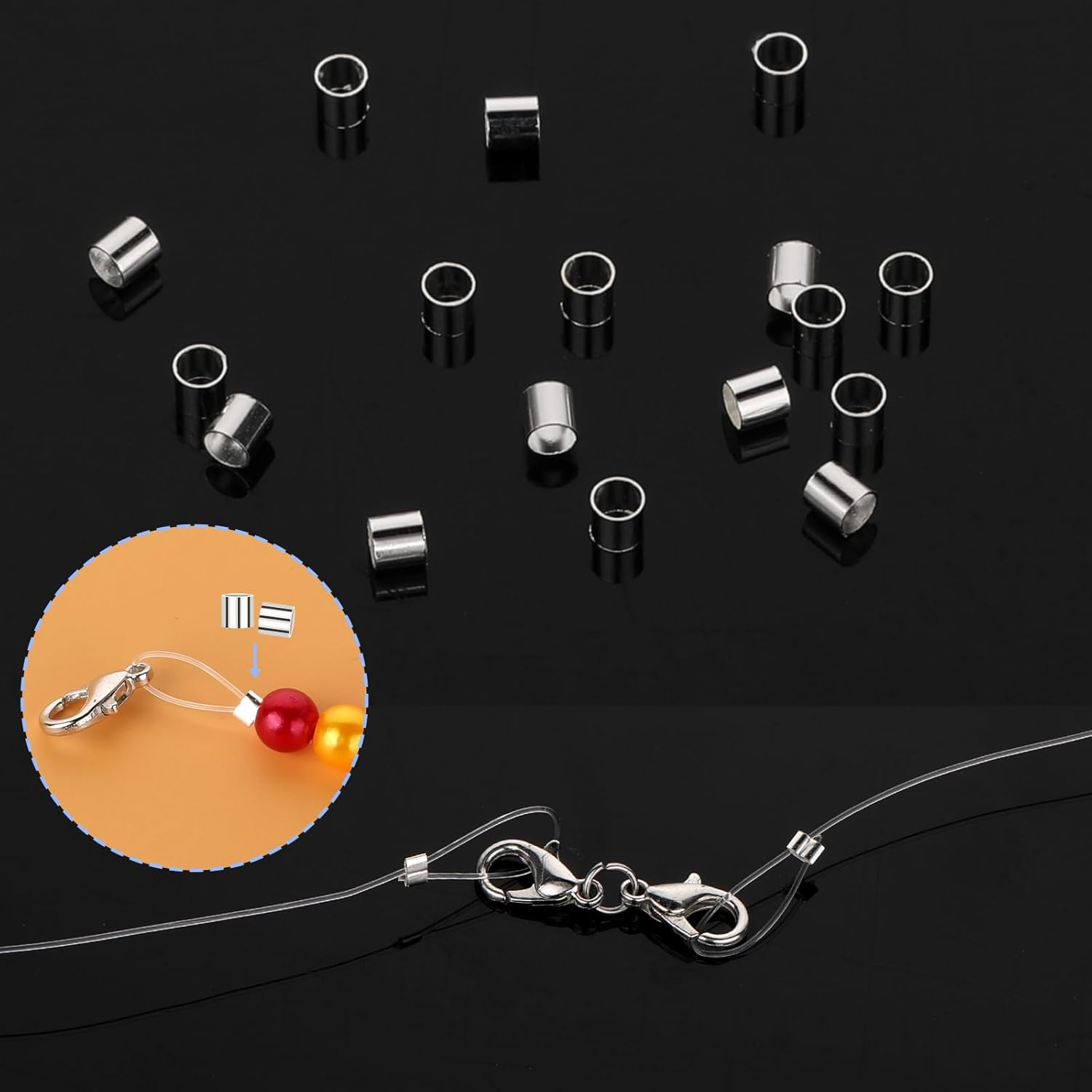 500 Pcs Crimp Beads Brass Crimp Tubes Crimping Beads Jewelry Crimp Bead Stopper Loose Spacer Beads Cord Ends for Earring Necklace Pendant Jewelry Making (Silver) image number 2