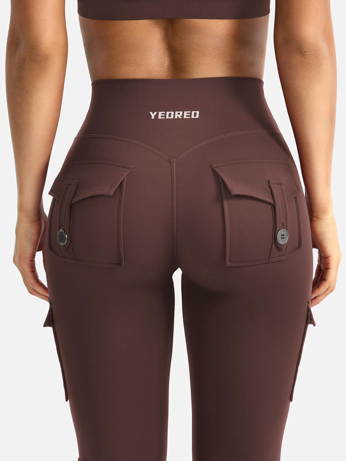 YEOREO Women Workout Flare Leggings with Pockets Hidden Scrunch High Waisted Cargo Gym Yoga Leggings Chocolate image number 1