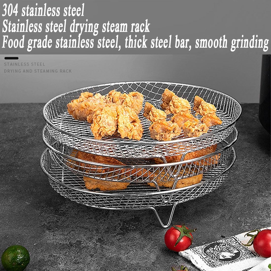 XUTONG 3PCS round Air Fryer Rack,Air Fryer Three Stackable Racks,With Oil Brush,Stainless Steel Air Fryer Accessories,Fit All Air Fryer,Oven,Air Flow Racks(With Brush) image number 6