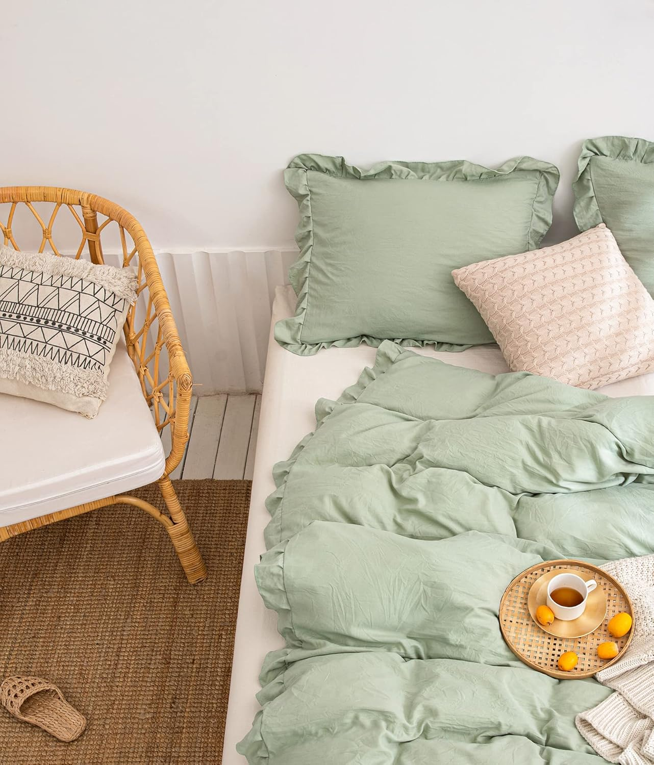 Merryword Shabby Ruffle Style Duvet Cover Queen Size Cute Sage Green Ruffled Bedding Set Soft Comfy Duvet Cover Set French Countryside Vintage Bedding (Queen, Sea Green) image number 6