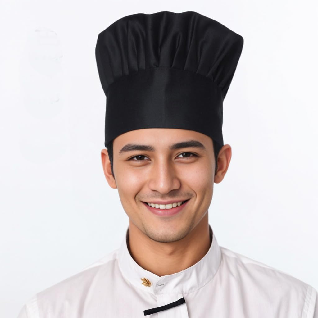 Chef Hat, 2PCS Adult Premium Adjustable Elastic Baker Kitchen Cooking Chef Cap Bakery Hats for Cooking, Baking, Pizza Part - Black+Black image number 6