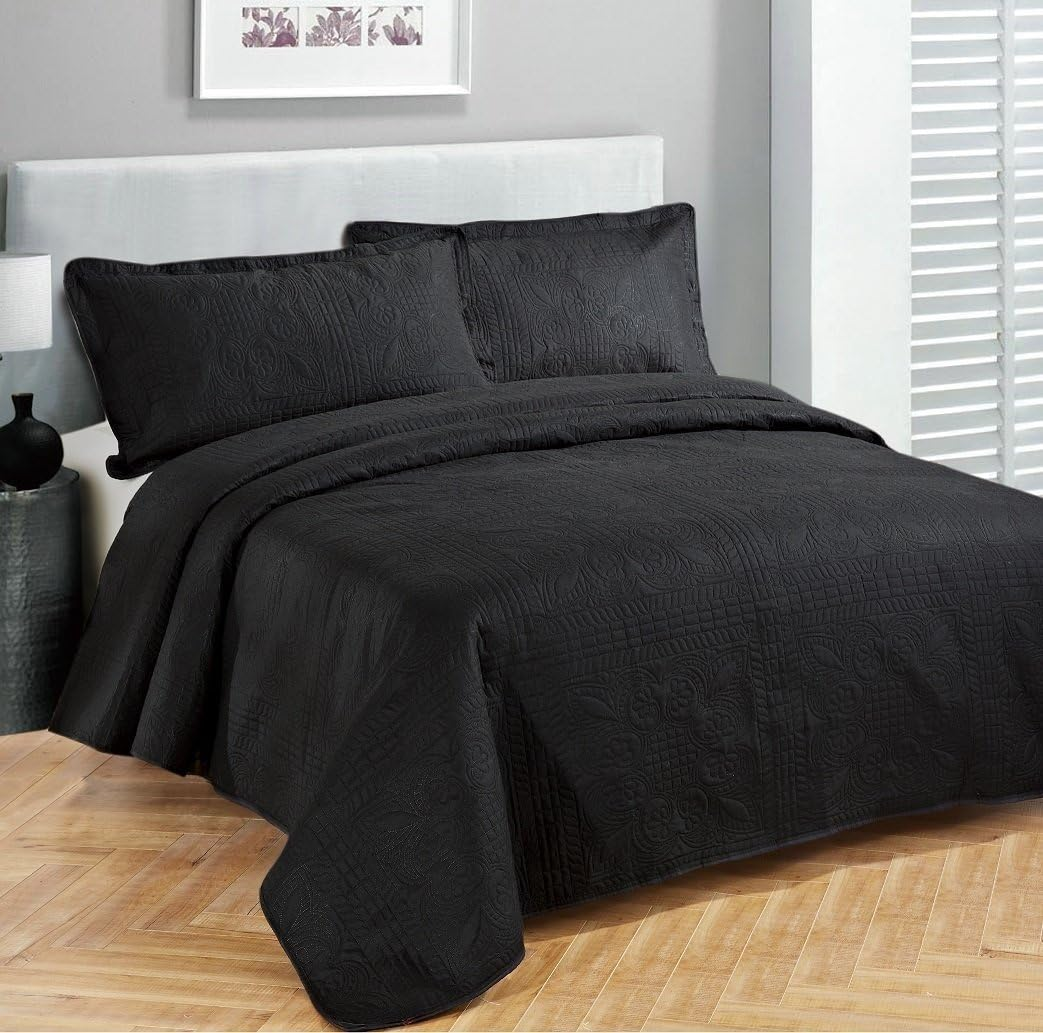 Fancy Collection Luxury Bedspread Coverlet Embossed Bed Cover Solid Black New over Size 118"X106" King/California King image number 1