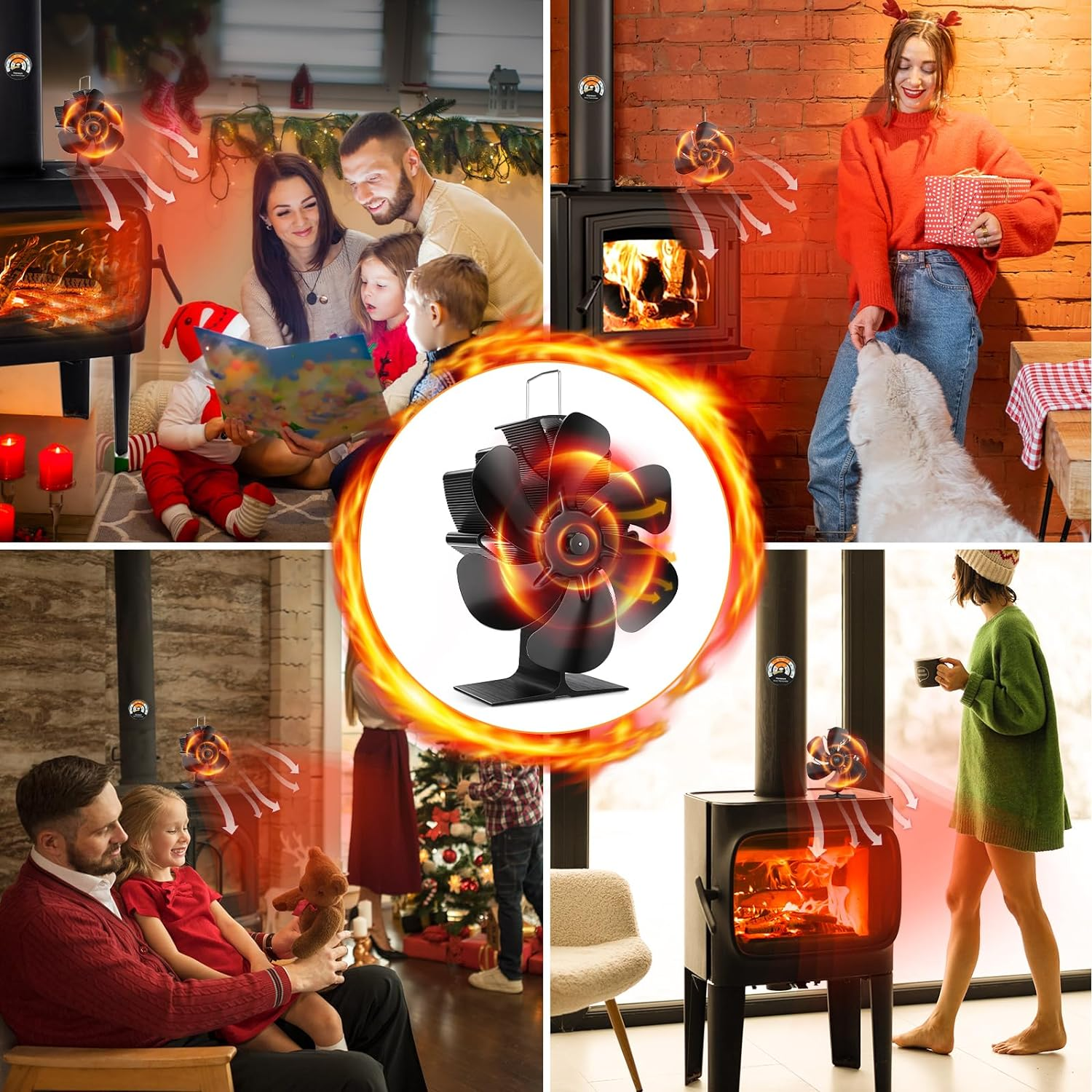 Wood Stove Fan, 6 Blades Wood Stove Fan Heat Powered, Fireplace Fan with Magnetic Thermometer, Wood Stove Accessories, Non Electric Fan for Wood/Gas/Log Burner Stove