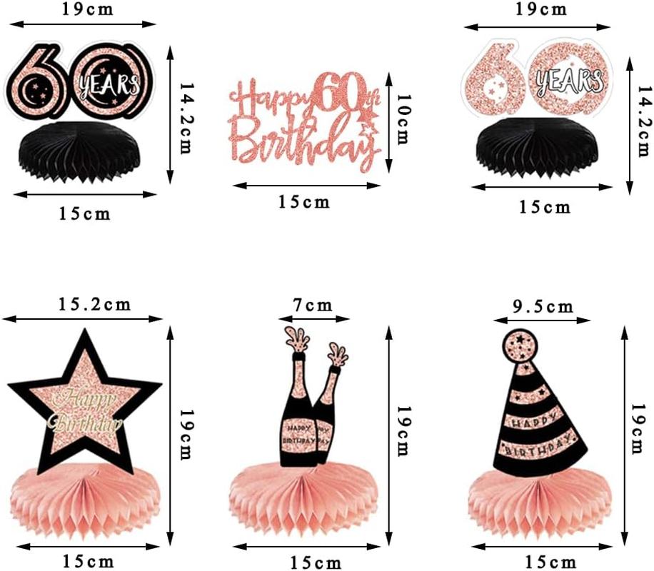 10 Pcs Happy 60Th Birthday Party Centerpieces Party Packs Honeycomb Table Decorations with Rose Gold Cake Topper for 60Th Birthday Decorations image number 1
