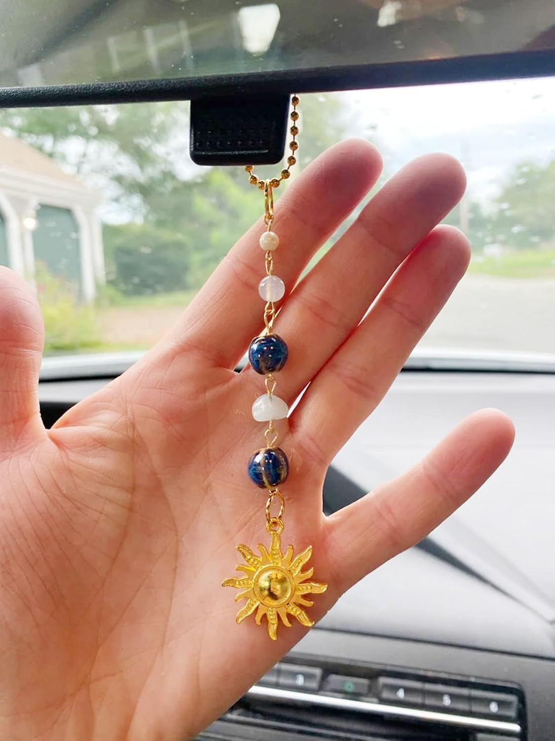 Sun Hanging Car Charm,Green and Gold Rear View Mirror Accessories Cute Boho Dangling Sun Car Decor Handmade Healing Crystals Stones Ornament Gifts for Women Men (Green)